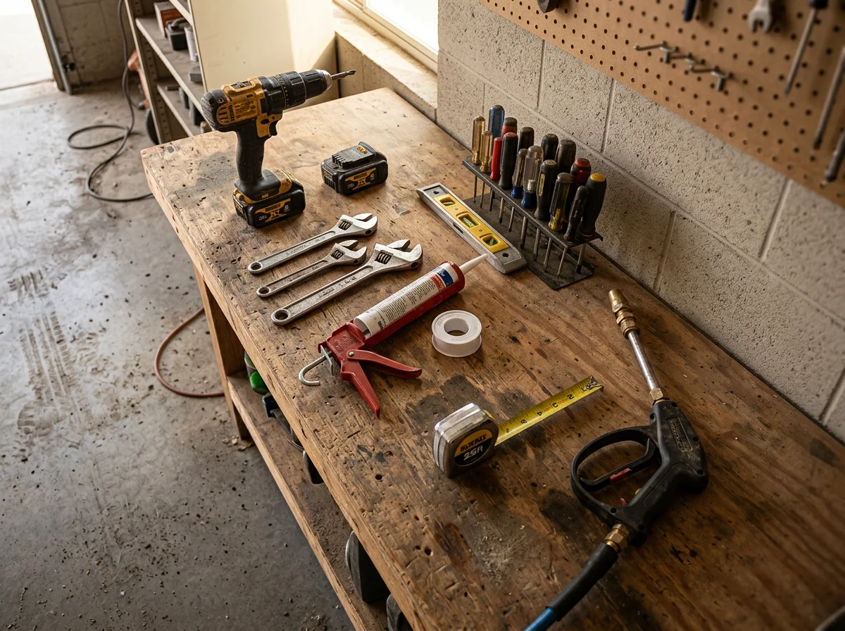 Handyman tools and equipment arranged on a work surface, ready for service calls.