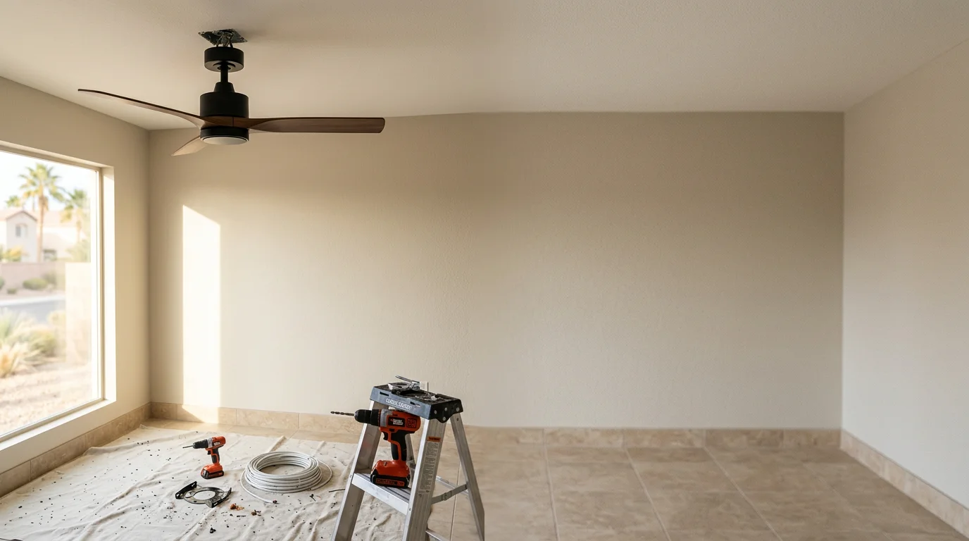 Handyman installing a ceiling fan in a Las Vegas home