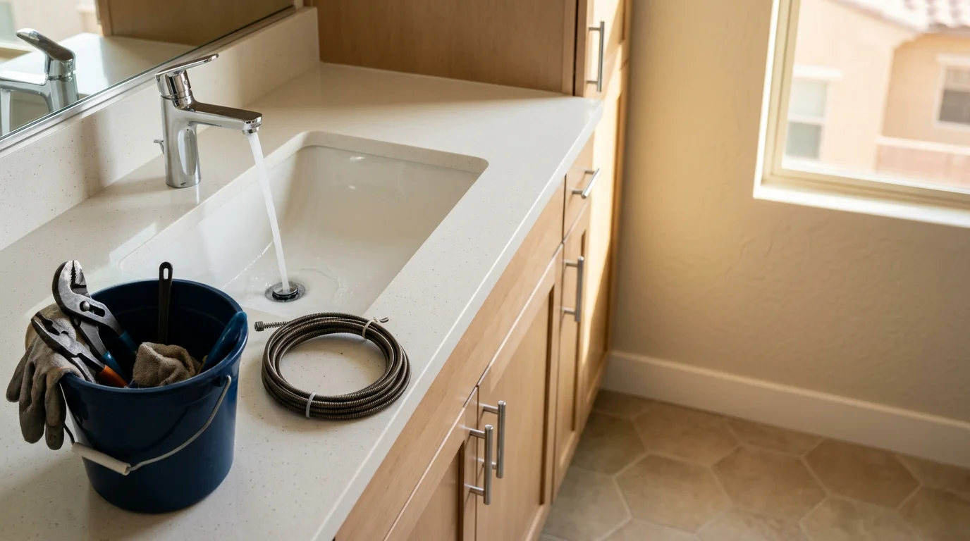 Plumber clearing a clogged sink in a Las Vegas bathroom