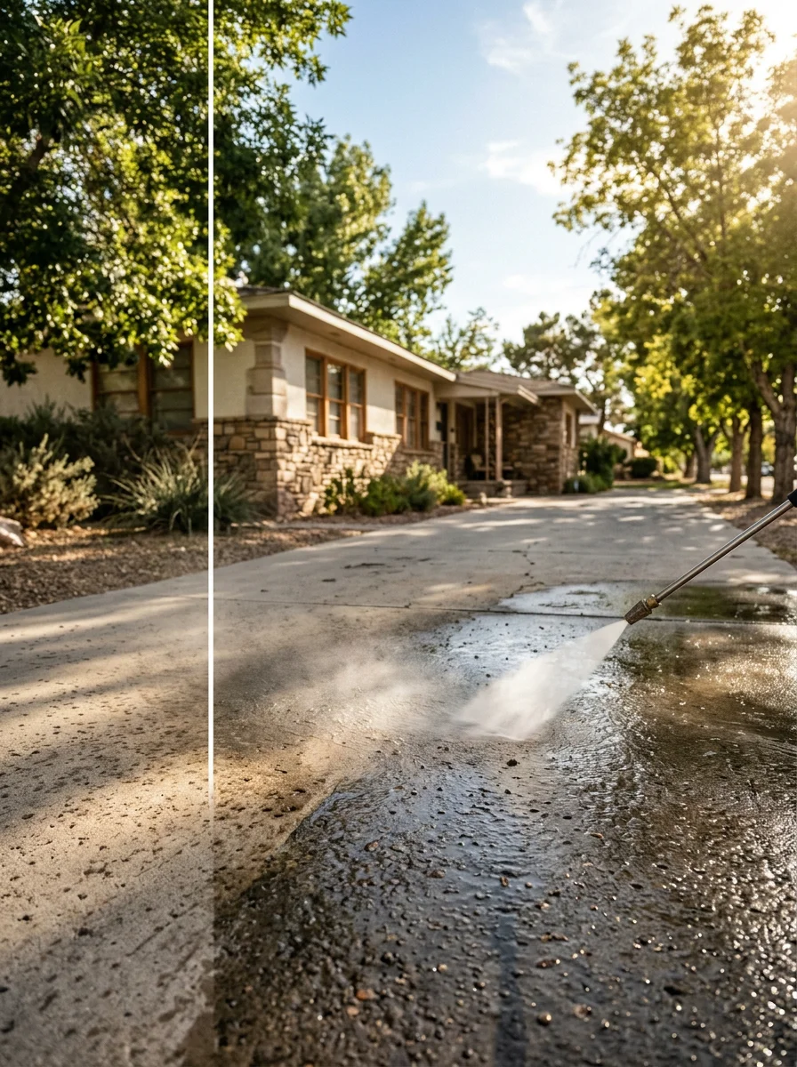 Pressure washing a weathered concrete driveway outside a historic Boulder City home with mature trees lining the street.