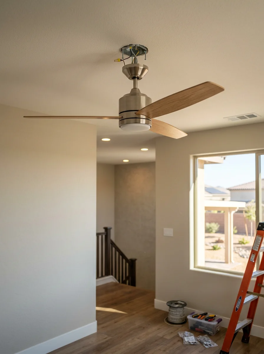 Ceiling fan installation in an upstairs loft space of a suburban Enterprise home with neutral walls and a view of the backyard patio.