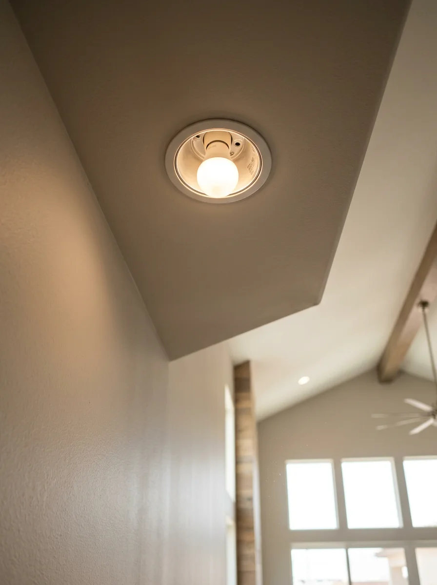 A technician replacing a light bulb in a high vaulted ceiling fixture inside a Henderson master-planned community home.