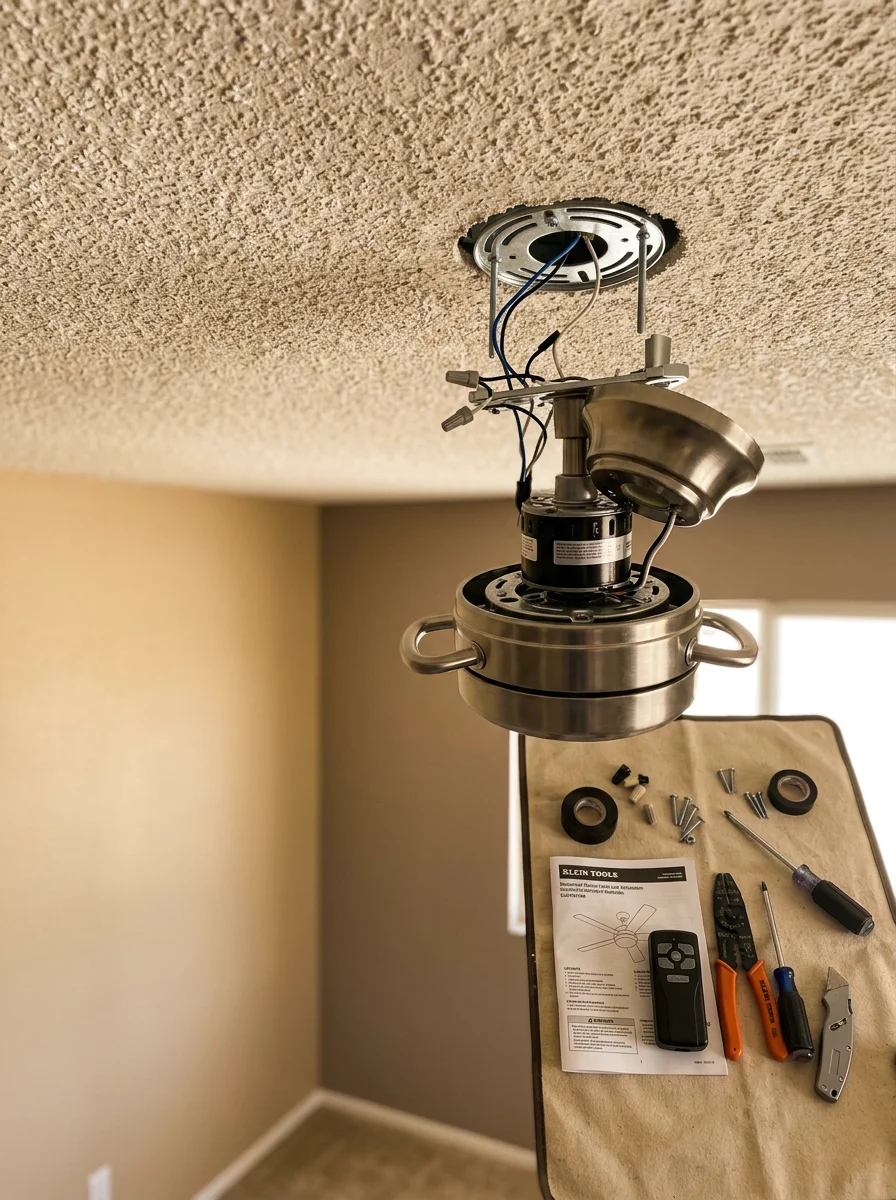 Close-up of a ceiling fan being mounted in a Las Vegas living room with high ceilings and neutral desert-toned walls.