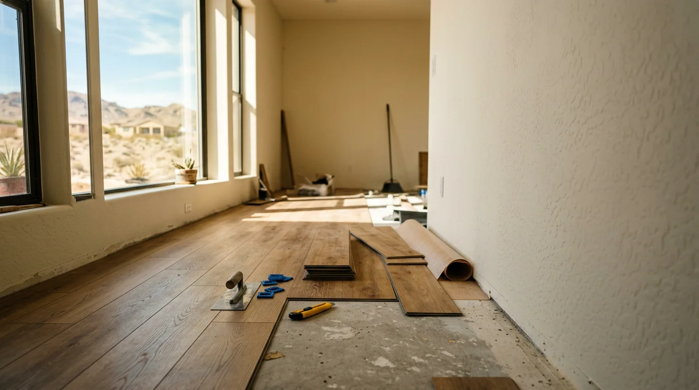 A handyman installing LVP flooring in a Las Vegas home with stucco walls and a desert-facing window letting in bright sunlight.