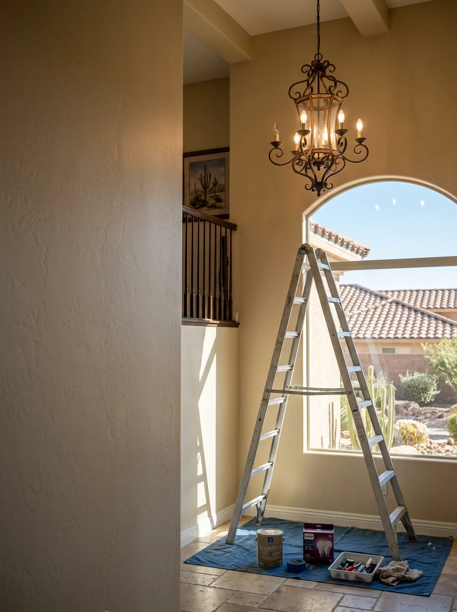 A technician replacing a light bulb in a two-story entryway fixture inside a Southern Highlands custom home with a tile roof visible through the front window.