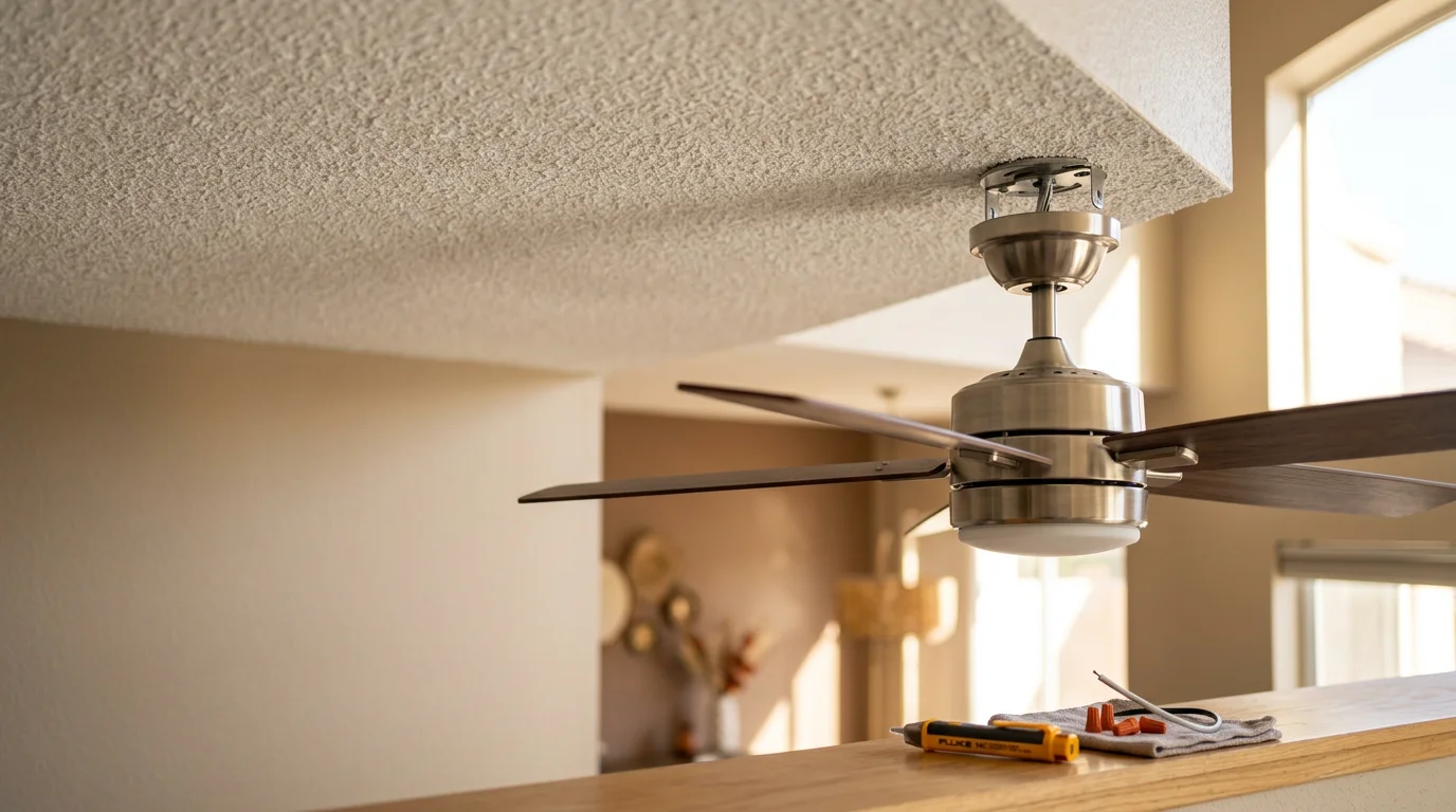 A ceiling fan securely mounted and fully assembled on a vaulted ceiling inside a Las Vegas area home. The fan blades are level and the fixture is centered over a living room with desert-toned interior finishes.
