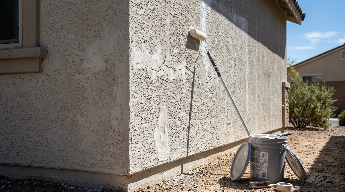 Freshly painted stucco exterior of a single-story Las Vegas home with clean trim lines and a warm desert-tone finish. The home sits under a clear Nevada sky, showing the smooth, even coverage typical of a professional exterior paint job in the Las Vegas Valley.