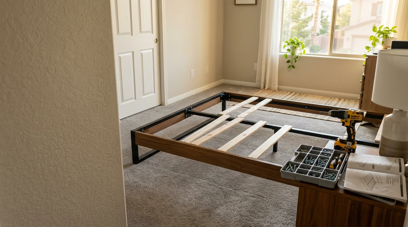 A fully assembled wooden bed frame and matching dresser set up in a Las Vegas home bedroom. All joints are flush and the pieces sit level on the floor.