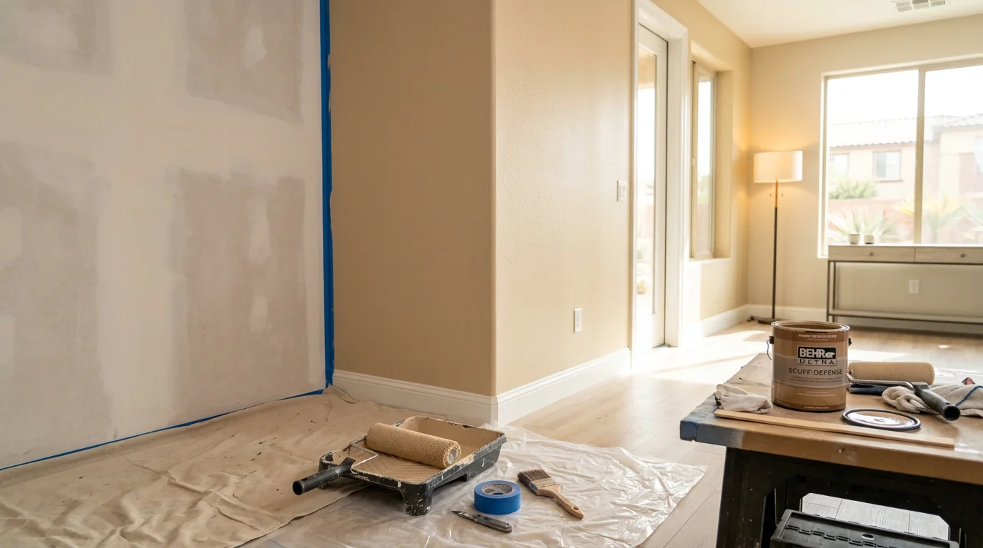 Freshly painted interior living room walls in a Las Vegas home showing clean, even color on smooth surfaces with natural desert light coming through the windows. A professional painter applies a second coat to the trim along the baseboards in a Henderson residential property.