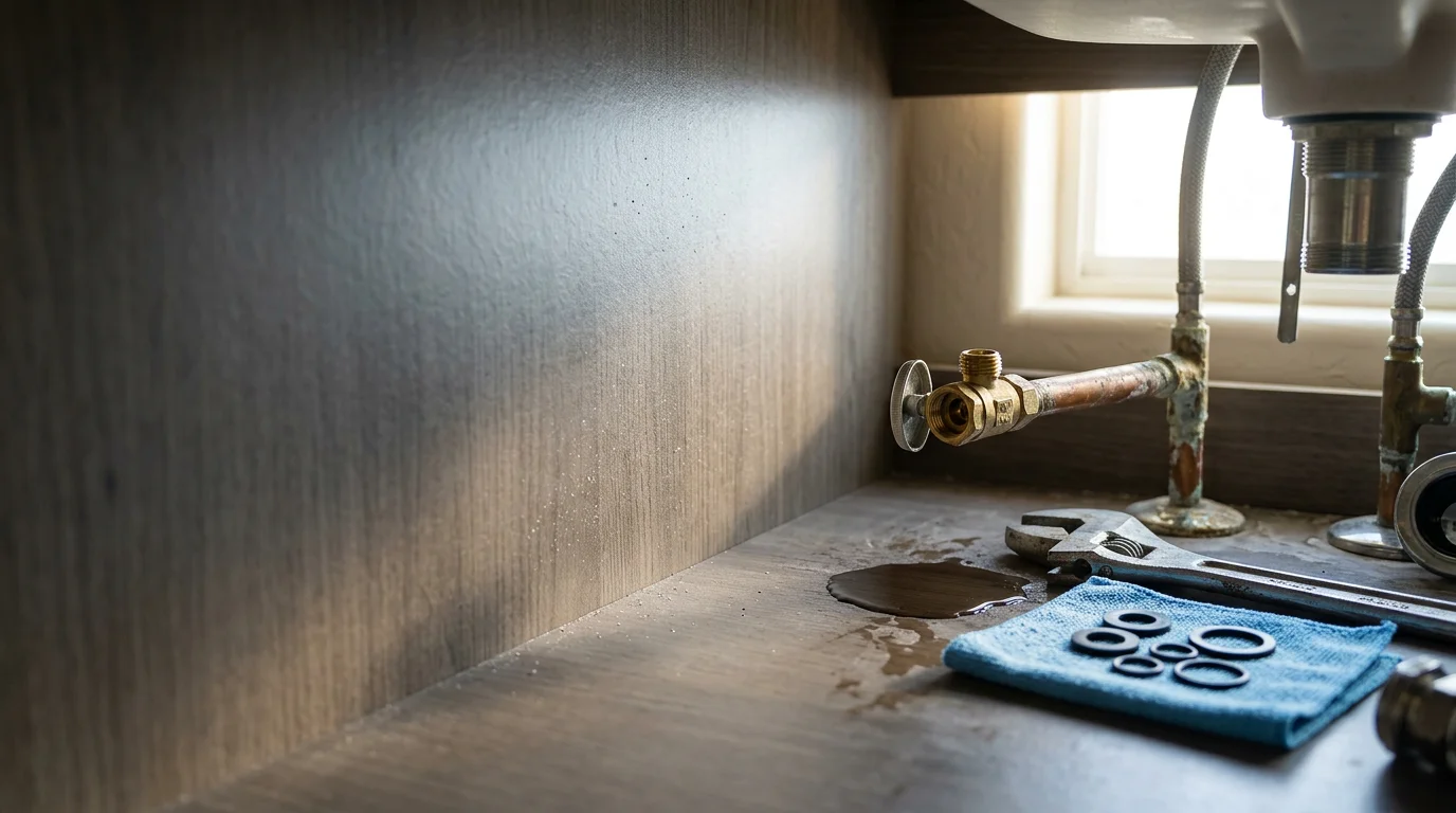 A plumber tightening a leaky faucet fixture beneath a bathroom sink in a Las Vegas home. Close-up view shows worn supply line connections and mineral scale buildup typical of hard water conditions in the Las Vegas valley.