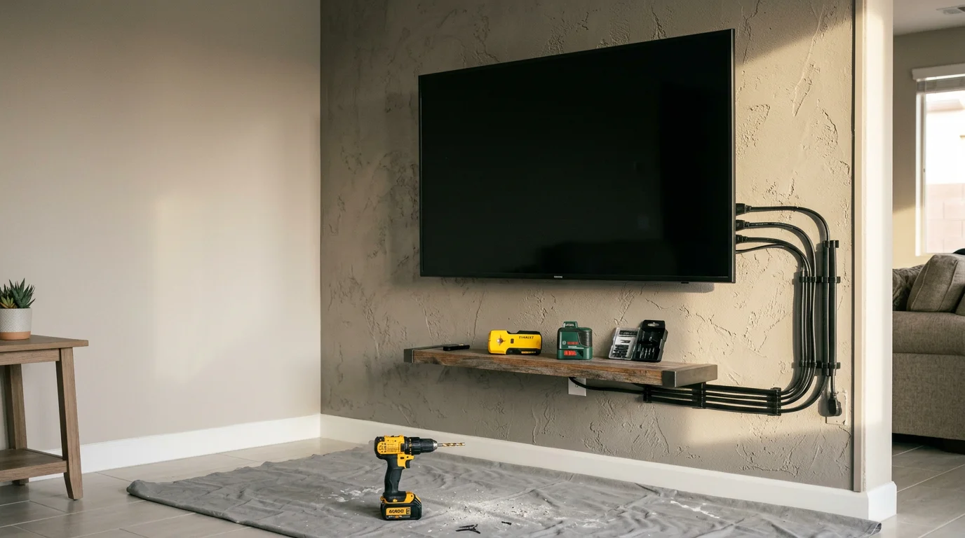 A large flat-screen TV mounted flush on a living room wall in a Las Vegas home, with cables neatly concealed and the screen positioned at eye level above a media console.