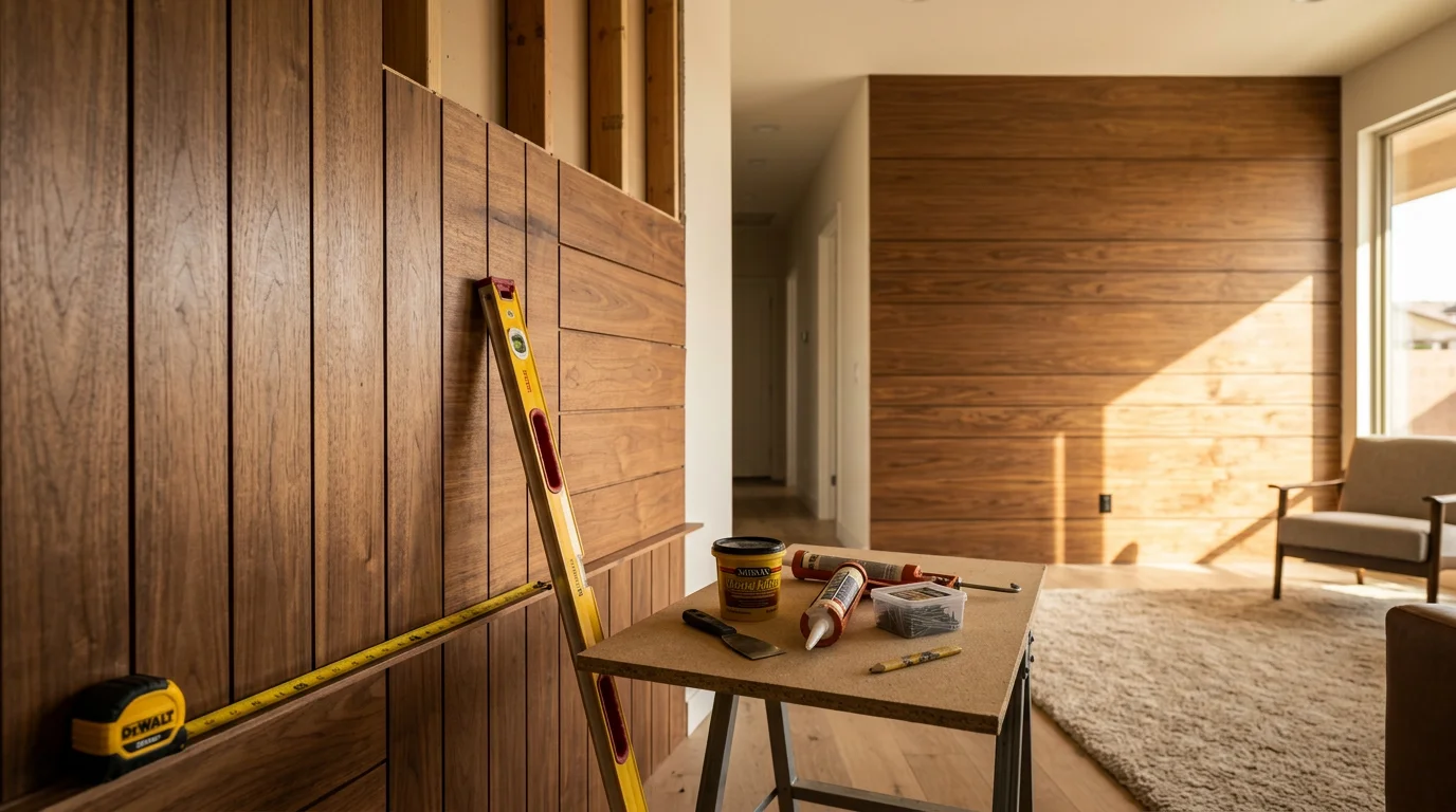 Freshly installed wood wall paneling on an accent wall inside a Las Vegas home, with clean seams and a warm, textured finish. The panel layout runs floor to ceiling in a residential living room setting.